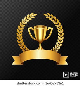 Realistic Golden Trophy with Gold Laurel Wreath and gold ribbon. Vector Illustration
