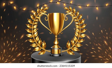 Realistic Golden Trophy with Gold Laurel Wreath, Fire Sparks and Garland, Vector Illustration