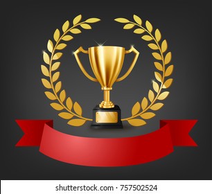 Realistic Golden Trophy with Gold Laurel Wreath and text space on red ribbon, Vector Illustration