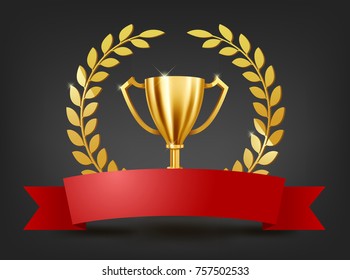 Realistic Golden Trophy with Gold Laurel Wreath and text space on red ribbon, Vector Illustration