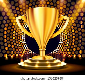 Realistic Golden Trophy on round podium with white carpet illuminated with spotlight. Award ceremony concept. Stage backdrop. Vector illustration