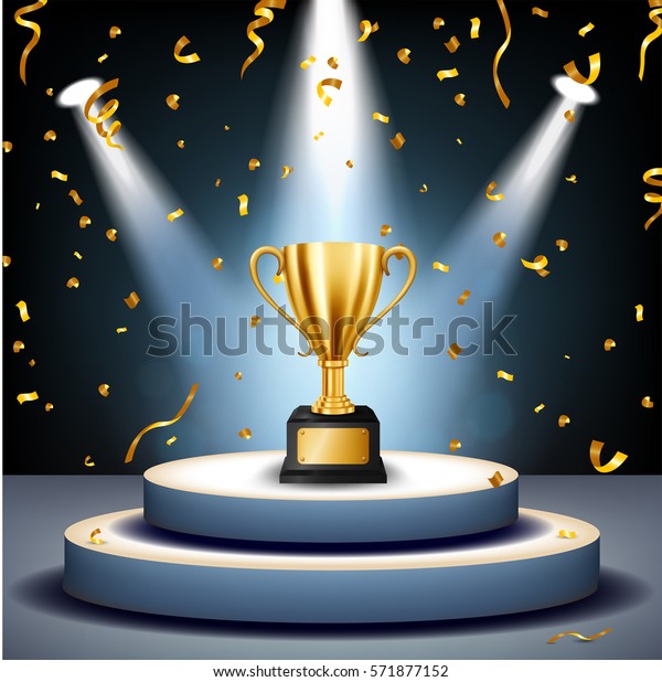 Realistic Golden Trophy On Stage Golden Stock Vector (Royalty Free ...