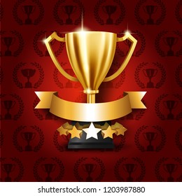 Realistic Golden Trophy with place for text on gold ribbon. Vector Illustration