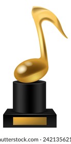 Realistic golden trophy prize. Music winner cup. Gold award with note on pedestal and empty sign. Singer and songwriter trophy. Creative leader achievement. Vector isolated 3d illustration