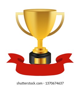 Realistic golden trophy with ribbon, vector illustration