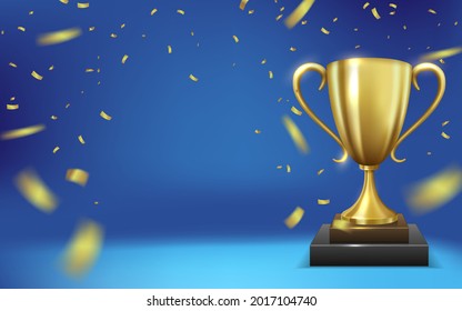 Realistic Golden Trophy surrounded by falling confetti, isolated on blue background. Vector Illustration