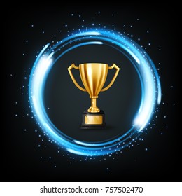 Realistic Golden Trophy surrounded by a spinning blue light, Vector Illustration