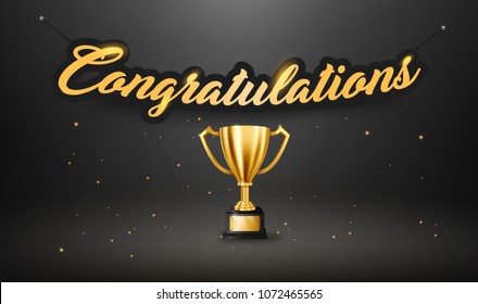 Realistic Golden Trophy with text space and Congratulations text hanging on the dark wall, Vector Illustration