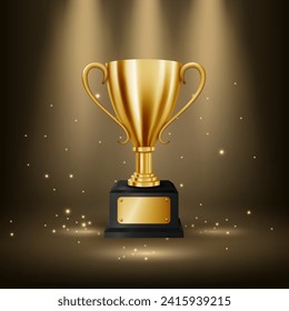 Realistic Golden Trophy with Text Space and Illuminated Spotlights, Vector Illustration