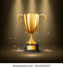 Realistic Golden Trophy with Text Space and Illuminated Spotlights, Vector Illustration