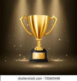 Realistic Golden Trophy with text space and illuminated spotlights, Vector Illustration