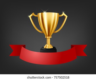 Trofeo de oro realista con espacio de texto en cinta roja, Ilustración vectorial