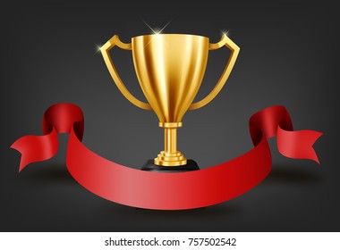 Realistic Golden Trophy with text space on red ribbon, Vector Illustration