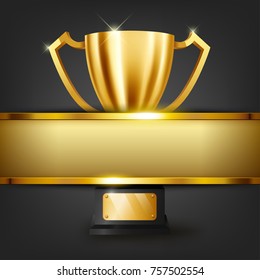 Realistic Golden Trophy with text space on gold banner, Vector Illustration