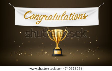 Realistic Golden Trophy with text space and Congratulations text on textile banner, Vector Illustration