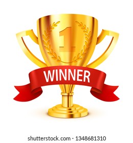 Realistic Golden Trophy with winner ribbon. Vector Illustration