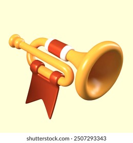 Realistic golden trumpet with decorative red banner. Musical instrument for marching tunes