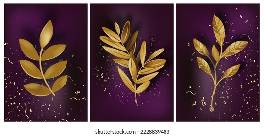 Realistic golden twig or branch with foliage and leaves, luxury design or decoration for greeting or invitation card. Flora and botany adornment, plant or flower with dust. Vector in flat style