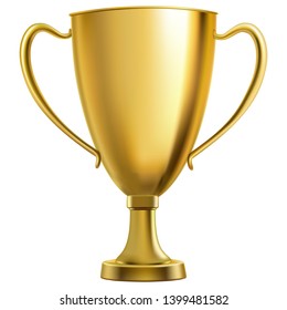 Realistic golden victory cup on white background