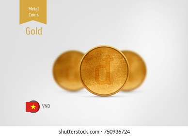 Realistic golden Vietnamese Dong coin. Vector illustration for print, websites, web design, mobile app, infographics. 