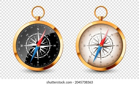 Realistic golden vintage compass with marine wind rose and cardinal directions of North, East, South, West. Shiny metal navigational compass. Cartography and navigation. Vector illustration.