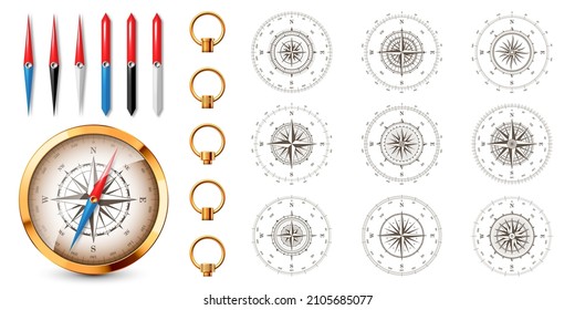 Realistic golden vintage compass with marine wind rose and cardinal directions of North, East, South, West. Shiny metal navigational compass. Cartography and navigation. Vector illustration.