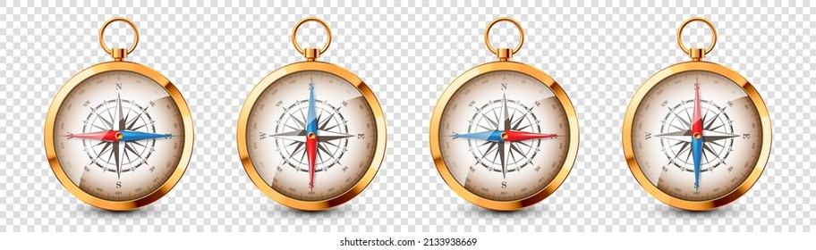 Realistic golden vintage compass with marine wind rose and cardinal directions of North, East, South, West. Shiny metal navigational compass. Cartography and navigation. Vector illustration.