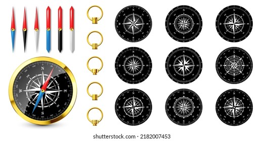 Realistic golden vintage compass with marine wind rose and cardinal directions of North, East, South, West. Shiny metal navigational compass. Cartography and navigation. Vector illustration