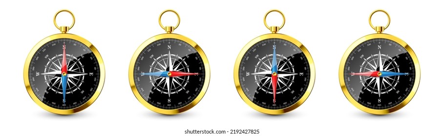Realistic golden vintage compass with marine wind rose and cardinal directions of North, East, South, West. Shiny metal navigational compass. Cartography and navigation. Vector illustration