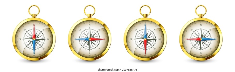 Realistic golden vintage compass with marine wind rose and cardinal directions of North, East, South, West. Shiny metal navigational compass. Cartography and navigation. Vector illustration