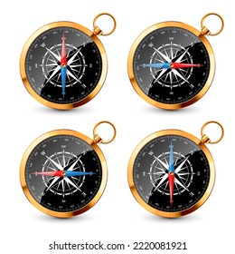Realistic golden vintage compass with marine wind rose and cardinal directions of North, East, South, West. Shiny metal navigational compass. Cartography and navigation. Vector illustration.