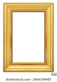 Realistic Golden vintage frame isolated on white background.  Rectangle frames mockup. Classic Photo wooden frame. Gold border for painting, poster, and photo gallery. 3d vector illustration.