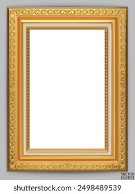 Realistic Golden vintage frame isolated on grey background.  Rectangle frames mockup. Classic Photo wooden frame. Gold border for painting, poster, and photo gallery. 3d vector illustration.