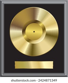 realistic golden vinyl plate in frame, retro music success background