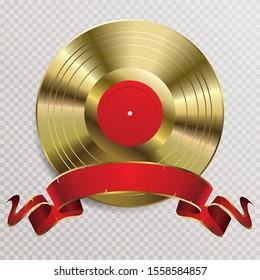 realistic golden vinyl plate with red blank label and blank red banner, retro music success background