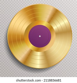 realistic golden vinyl plate with violet label, retro music success background