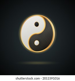 Realistic golden yin yang symbol isolated on dark background. Vector illustration.