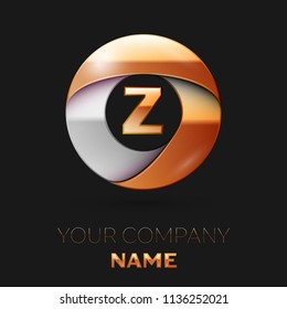 Realistic Golden Z Letter logo symbol in the colorful golden-silver circle shape on black background. Vector template for your design