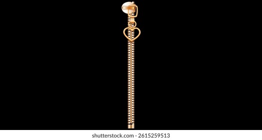 Realistic Golden Zipper With Metal Puller Vector Illustration.	