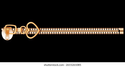 Realistic Golden Zipper With Metal Puller Vector Illustration.	