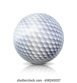 Realistic Golf Ball Isolated On White Background. Traditional Classic Golf Ball Design. Three-dimensional. Vector Illustration.