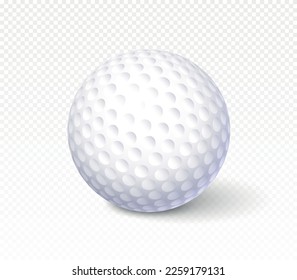 Realistic golf ball. White and hard sphere for sports and game. Tournament and competition. Logotype or emblem on copy space. White object and detail. 3D vector illustration