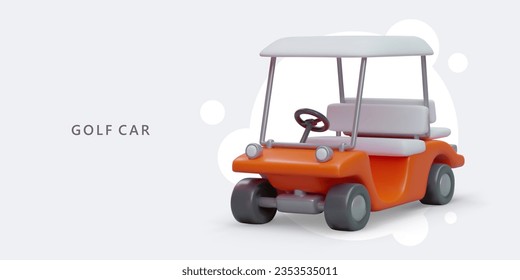 Realistic golf car in cartoon style. Color cart with open body. Mini vehicle for trips on golf course. Equipment for expensive sports. Vector color poster