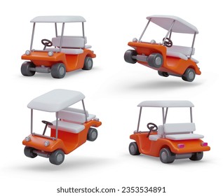 Realistic golf car. Set of images in different positions. Mini cart, front, side, rear view. Transportation services to golf course. Comfort of players