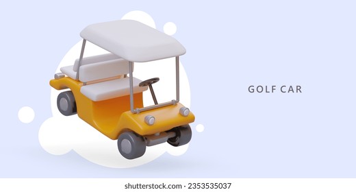 Realistic golf car. Vector horizontal poster in cartoon style. Advertising of golf club with large course. Comfortable rest, active leisure. Sports outside