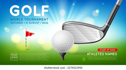 Realistic golf championship banner. Sport event, tournament poster, game invitational flyer, ball and stick, flag and hole, green field, isolated realistic elements, cutter vector concept