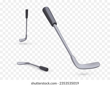 Realistic golf club. Metal sports stick for playing with ball. Isolated images with reflections and shadows. Club in different positions. Modern vector icons