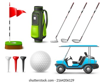 Realistic golf elements. Recreational sport game accessories, professional equipment, isolated 3d objects ball, clubs and machine, tee, flag on green grass and niblick bag. Vector set