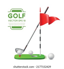 Elementos de golf realistas. Objetos de preparación de disparos, equipos deportivos de juego, putter, bola y hoyo con bandera roja, 3d aislado en blanco, patrón de banner de campeonato concepto de vector absoluto