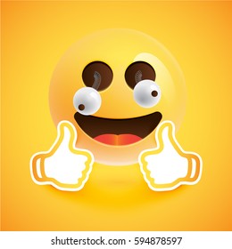 Realistic goofy smiley with thumbs up, vector illustration